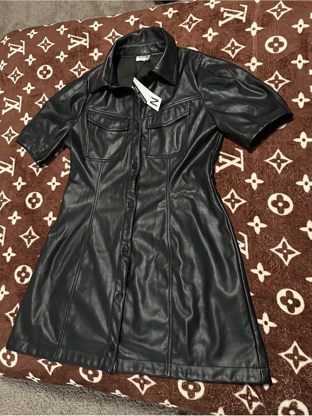 Black Leather Button-Front Mini Dress
